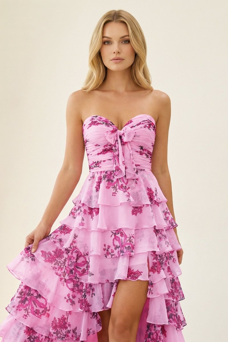 Esmelle | Hot Pink - A Line Strapless Floral Chiffon Ruffled Long Prom Dresses With Slit - KissProm