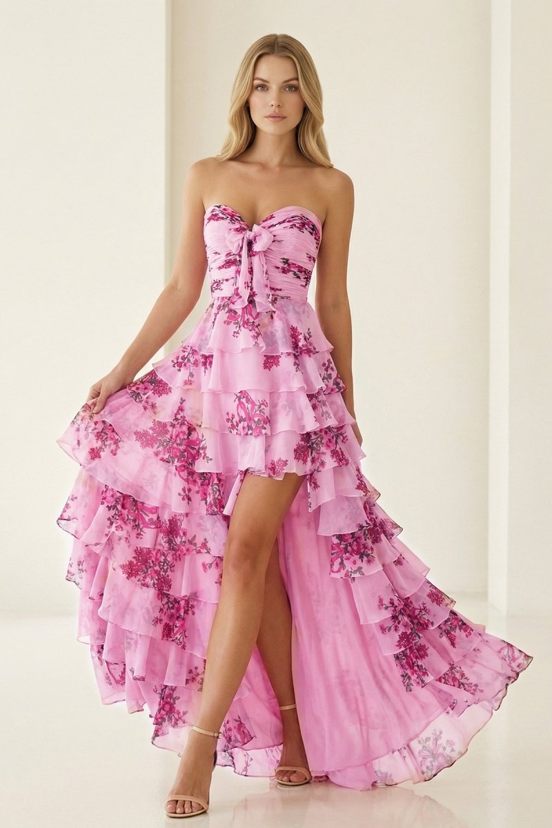 Esmelle | Hot Pink - A Line Strapless Floral Chiffon Ruffled Long Prom Dresses With Slit - KissProm
