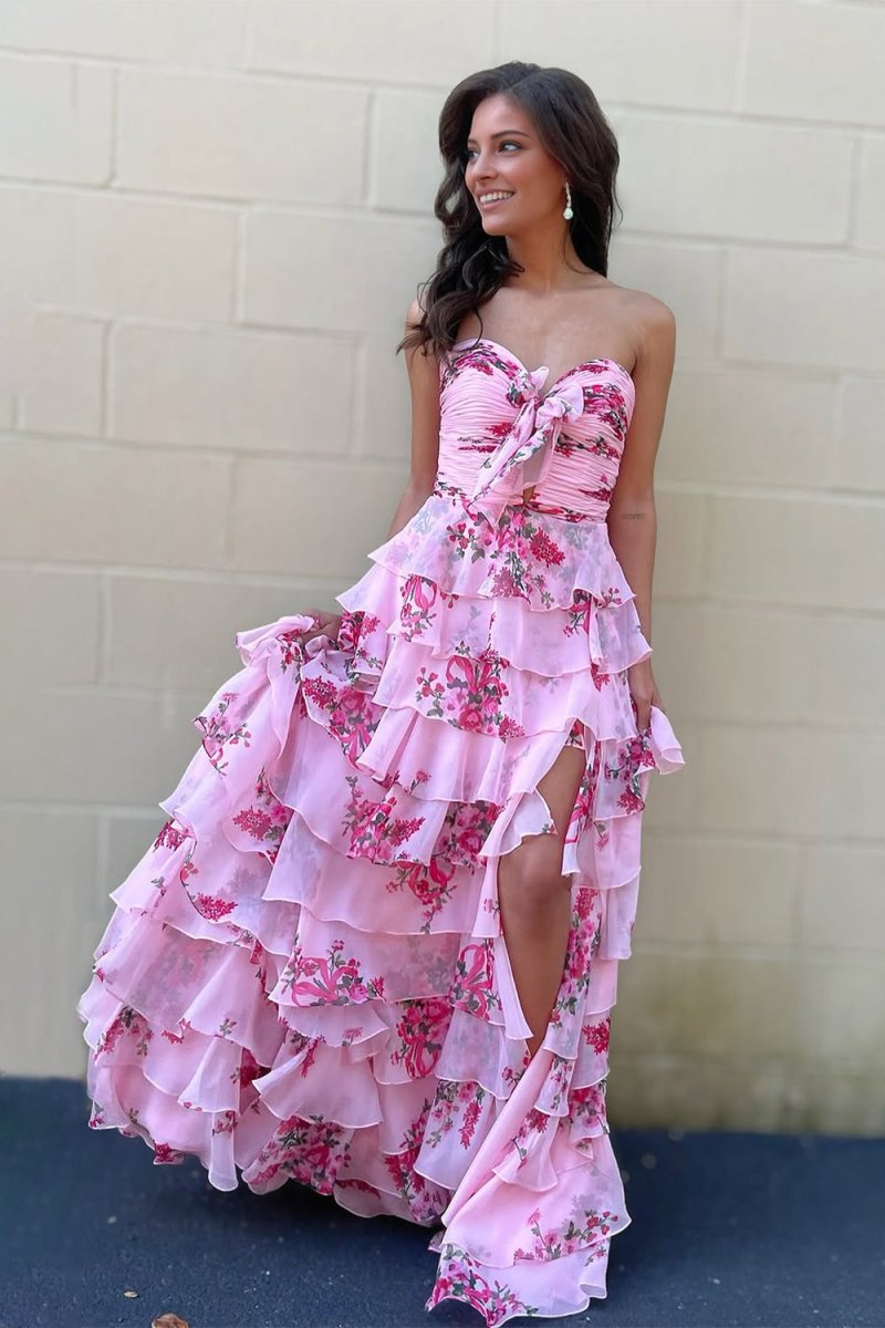 Esmelle | Hot Pink - Strapless A Line Floral Chiffon Ruffled Formal Prom Dresses With Slit - KissProm