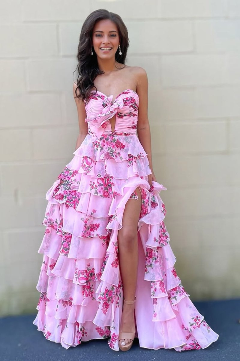 Esmelle | Hot Pink - Strapless A Line Floral Chiffon Ruffled Formal Prom Dresses With Slit - KissProm