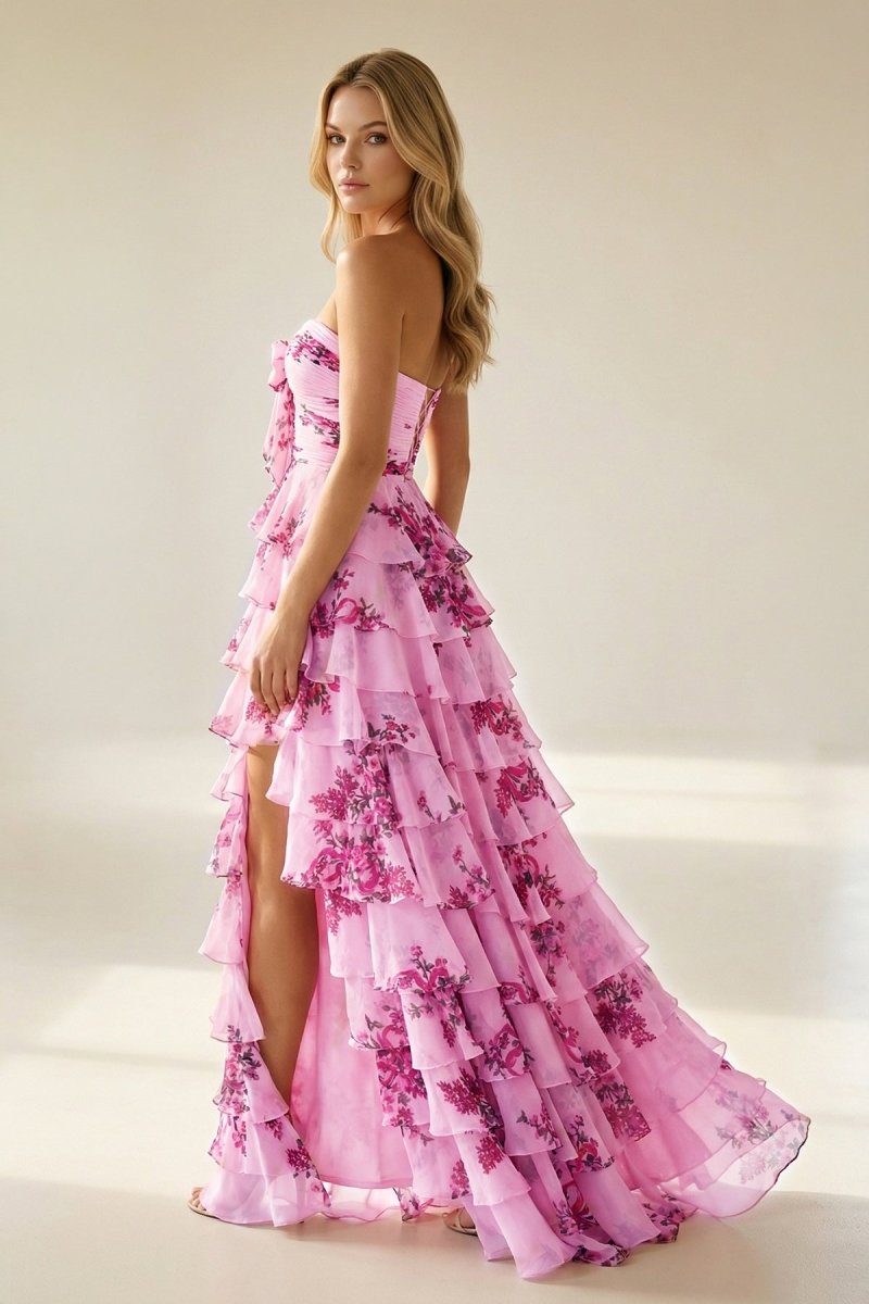 Esmelle | Hot Pink - A Line Strapless Floral Chiffon Ruffled Long Prom Dresses With Slit - KissProm