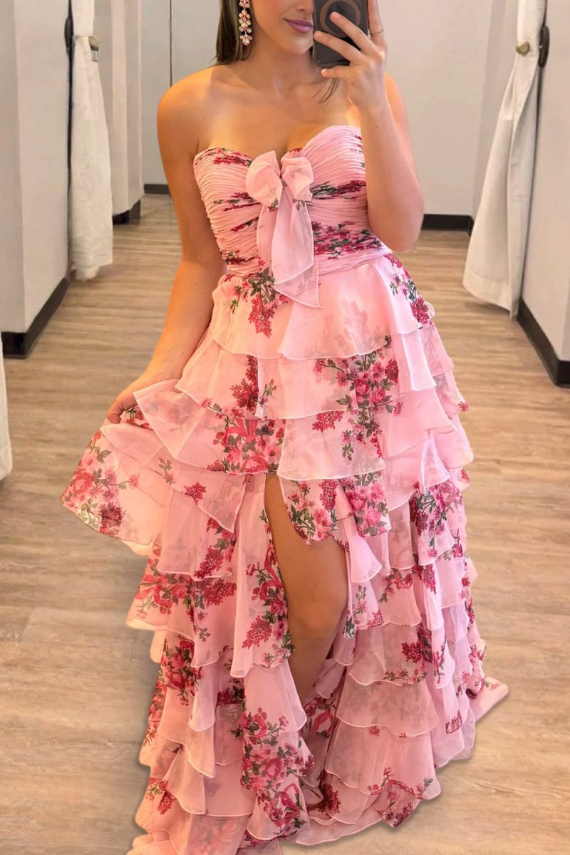 Esmelle | Hot Pink - Strapless A Line Floral Chiffon Ruffled Formal Prom Dresses With Slit - KissProm
