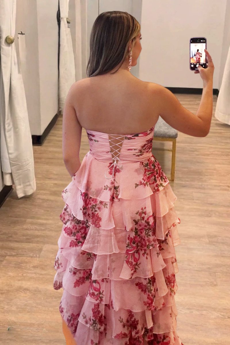Esmelle | Hot Pink - Strapless A Line Floral Chiffon Ruffled Formal Prom Dresses With Slit - KissProm