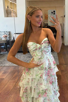 Esmelle | Purple - Strapless A Line Floral Chiffon Ruffled Formal Prom Dresses With Slit - KissProm