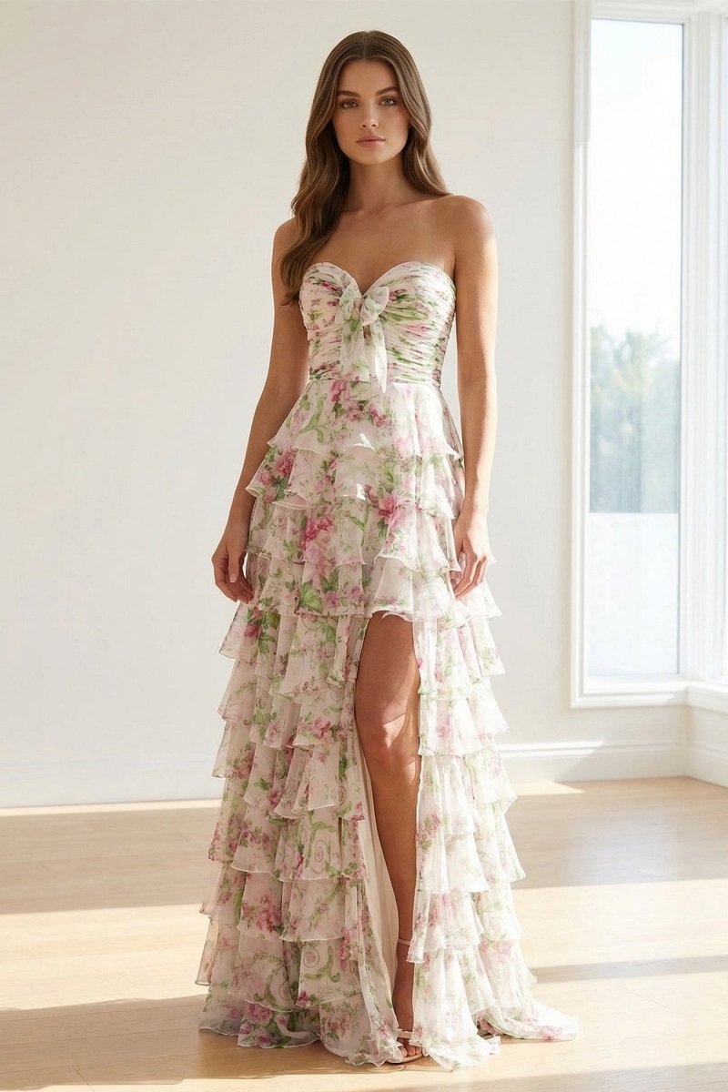 Esmelle | Hot Pink - A Line Strapless Floral Chiffon Ruffled Long Prom Dresses With Slit - KissProm