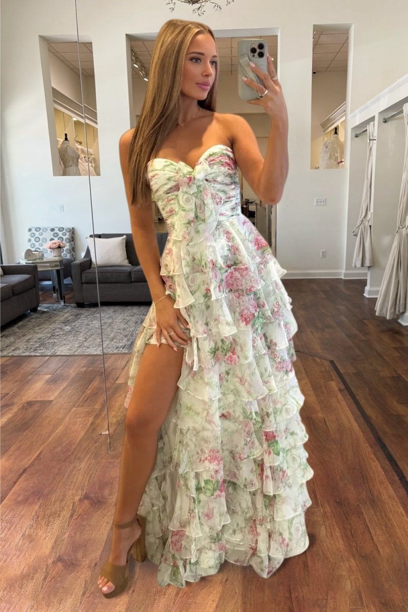 Esmelle | Ivory - Strapless A Line Floral Chiffon Ruffled Formal Prom Dresses With Slit - KissProm