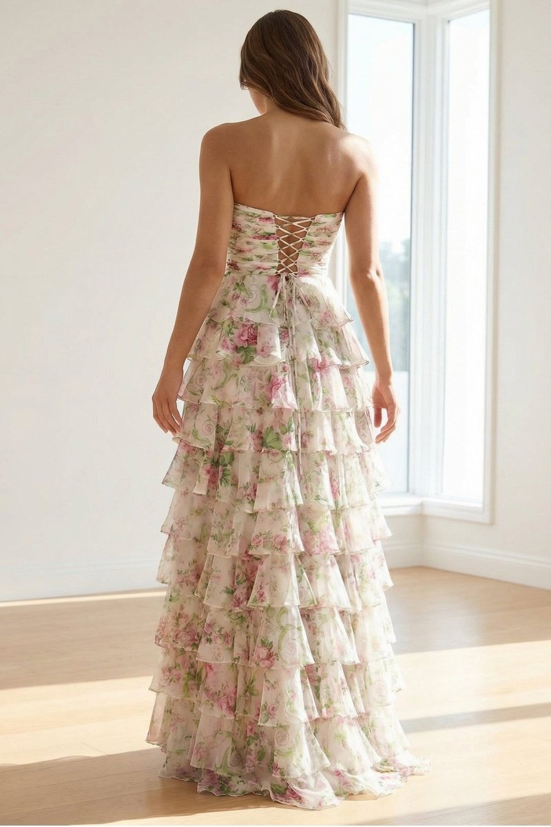 Esmelle | Hot Pink - A Line Strapless Floral Chiffon Ruffled Long Prom Dresses With Slit - KissProm