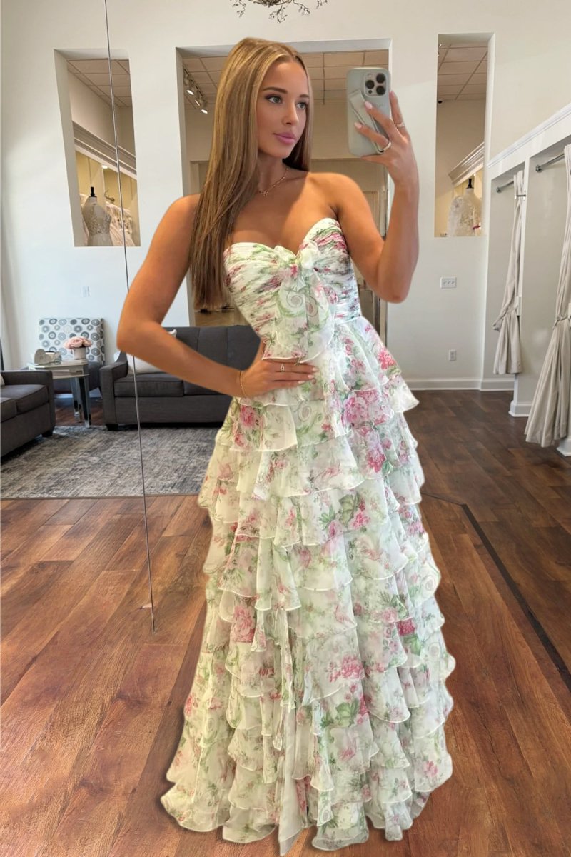 Esmelle | Ivory - Strapless A Line Floral Chiffon Ruffled Formal Prom Dresses With Slit - KissProm
