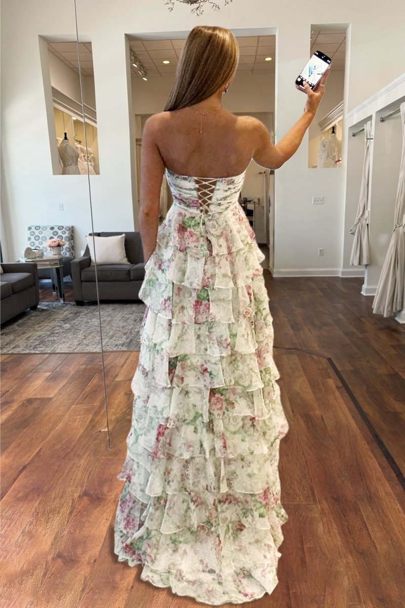 Esmelle | Purple - Strapless A Line Floral Chiffon Ruffled Formal Prom Dresses With Slit - KissProm