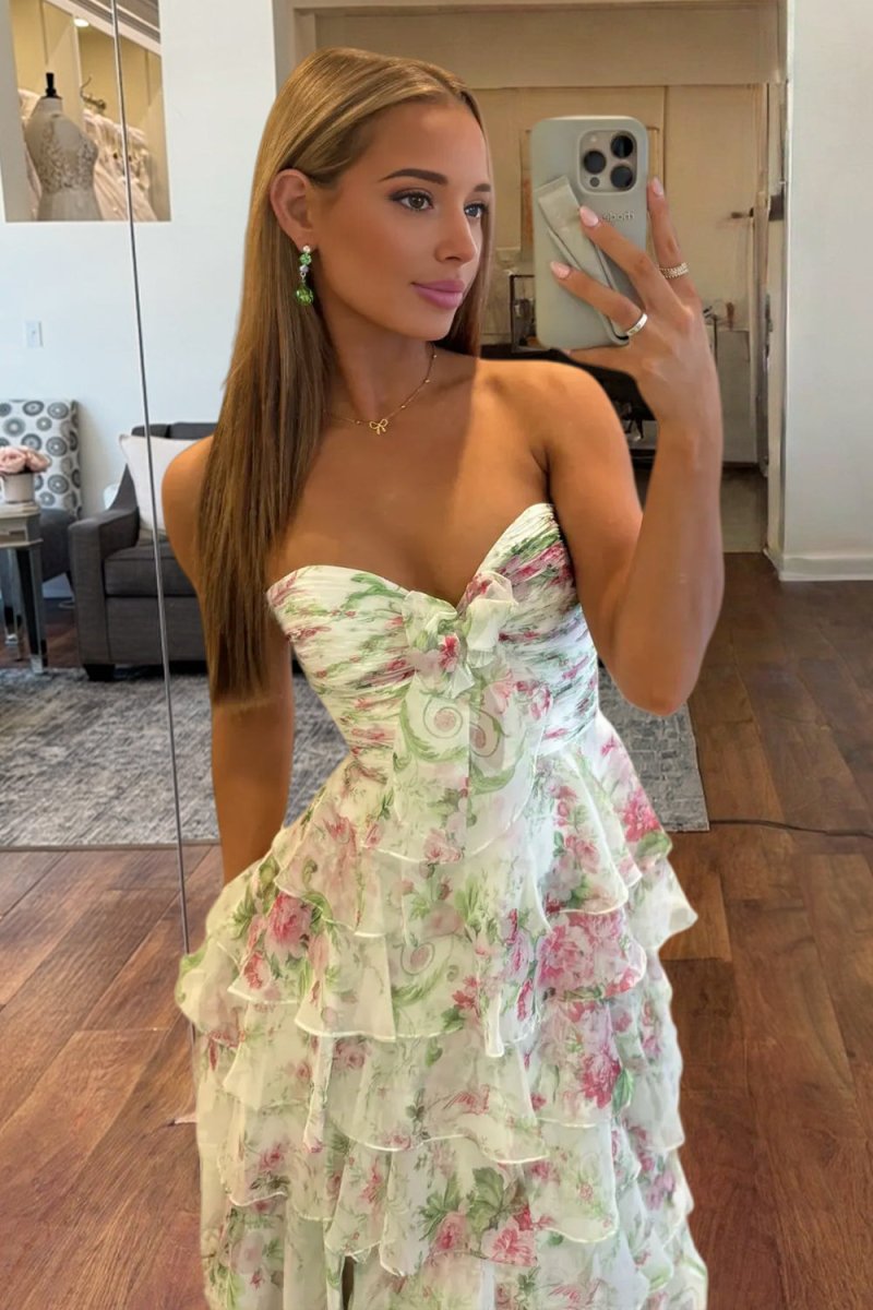 Esmelle | Ivory - Strapless A Line Floral Chiffon Ruffled Formal Prom Dresses With Slit - KissProm