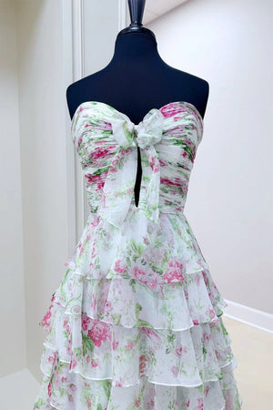 Esmelle | Ivory - Strapless A Line Floral Chiffon Ruffled Formal Prom Dresses With Slit - KissProm