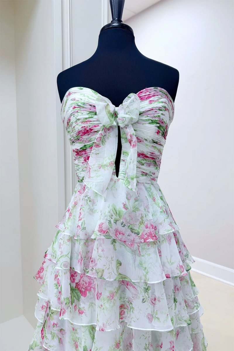 Esmelle | Ivory - Strapless A Line Floral Chiffon Ruffled Formal Prom Dresses With Slit - KissProm