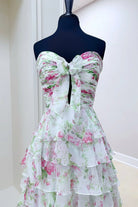 Esmelle | Purple - Strapless A Line Floral Chiffon Ruffled Formal Prom Dresses With Slit - KissProm