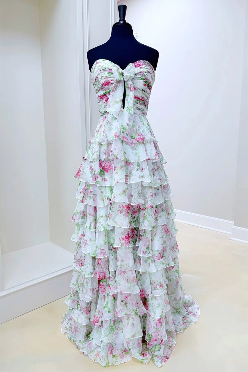 Esmelle | Ivory - Strapless A Line Floral Chiffon Ruffled Formal Prom Dresses With Slit - KissProm