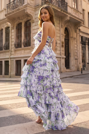 Purple A Line Sweetheart Floral Chiffon Ruffled Long Prom Dresses With Slit – Prom Dress by KissProm | Available at KissProm
