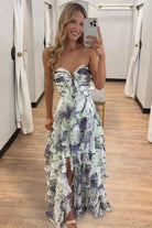 Esmelle | Purple - Strapless A Line Floral Chiffon Ruffled Formal Prom Dresses With Slit - KissProm