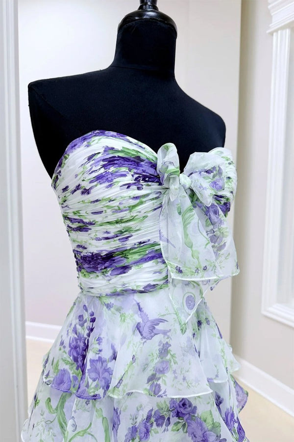 Ivory Sweetheart A Line Floral Chiffon Ruffled Formal Prom Dresses With Slit, Purple / 2