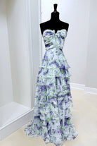 Esmelle | Purple - Strapless A Line Floral Chiffon Ruffled Formal Prom Dresses With Slit - KissProm