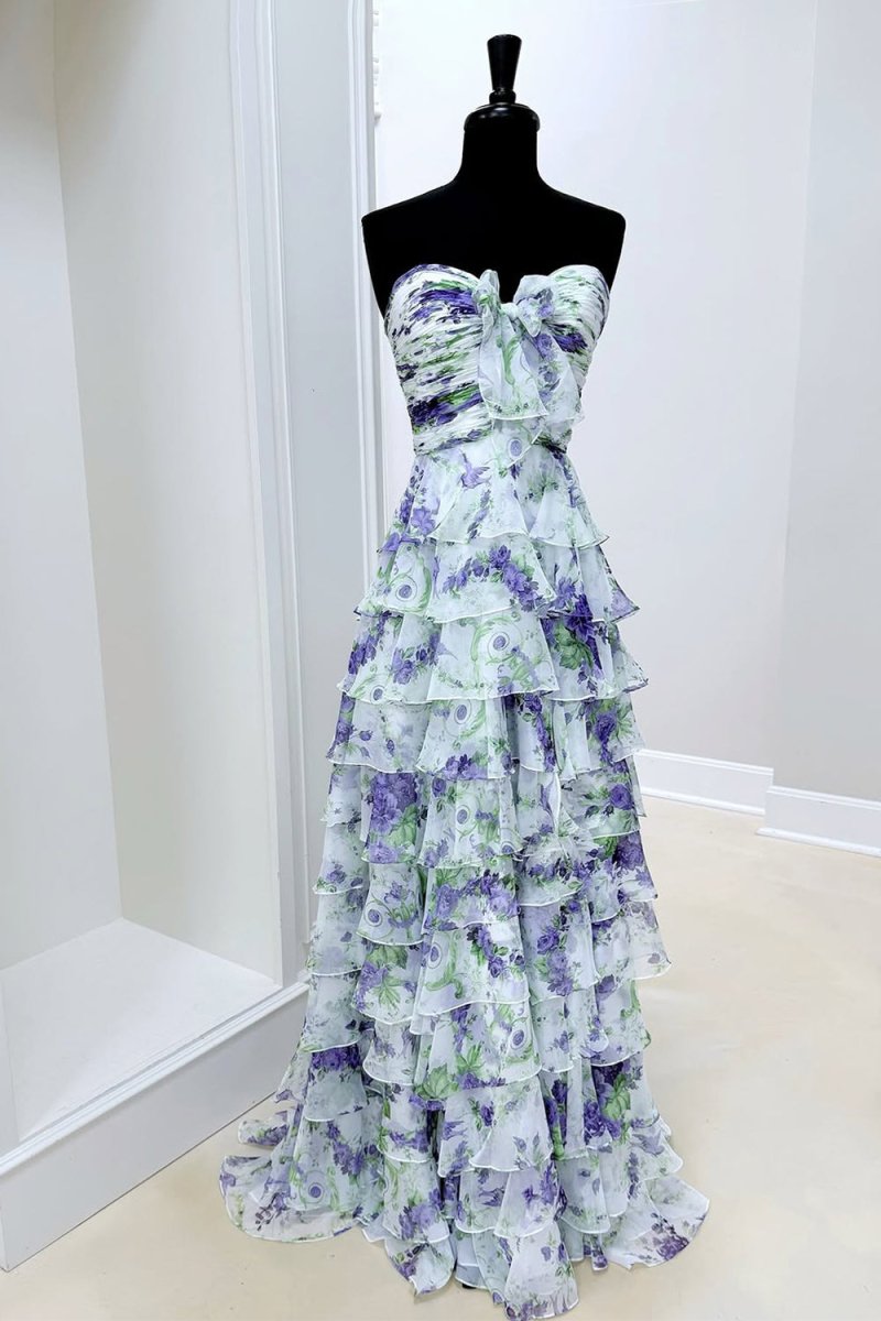 Esmelle | Purple - Strapless A Line Floral Chiffon Ruffled Formal Prom Dresses With Slit - KissProm