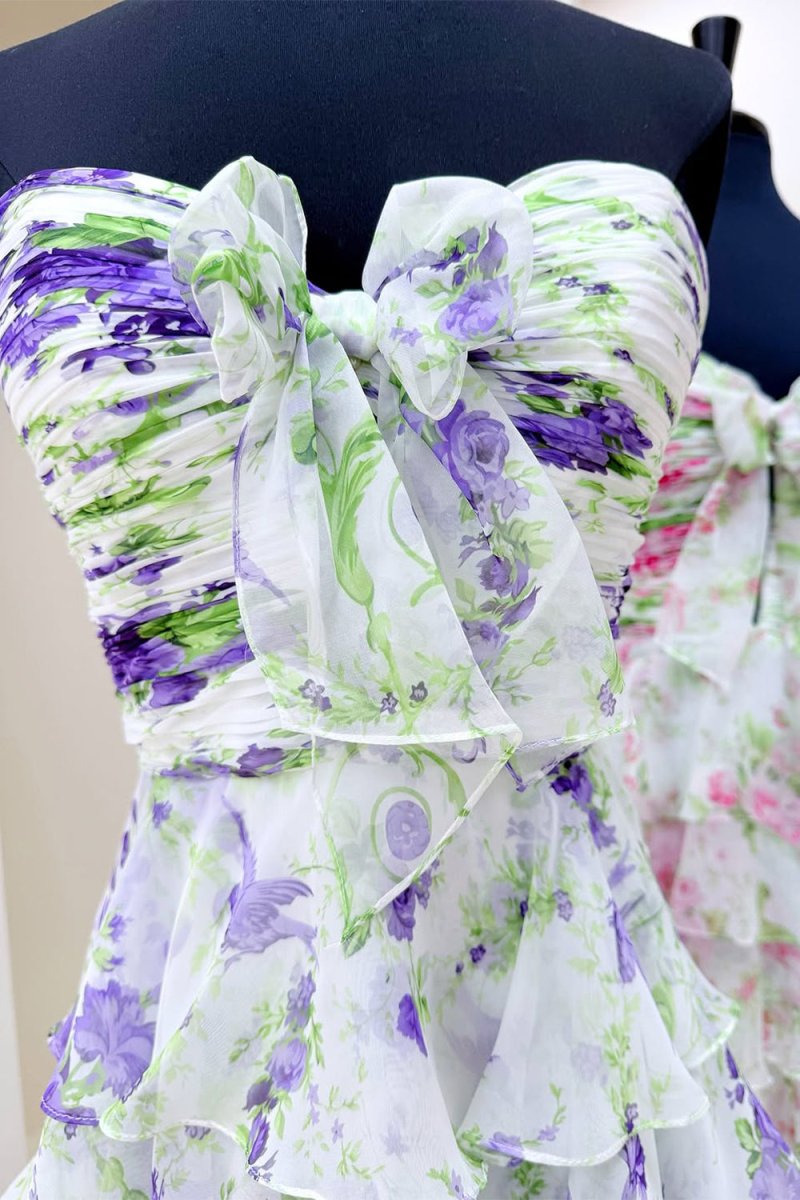 Esmelle | Purple - Strapless A Line Floral Chiffon Ruffled Formal Prom Dresses With Slit - KissProm