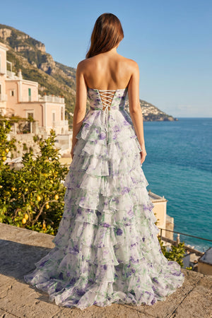 Esmelle | Purple - Strapless A Line Floral Chiffon Ruffled Formal Prom Dresses With Slit - KissProm