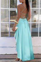 Esoria | Aqua - Spaghetti Straps Sheath Satin High Low Prom Dresses With Ruffles - KissProm