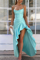 Esoria | Aqua - Spaghetti Straps Sheath Satin High Low Prom Dresses With Ruffles - KissProm