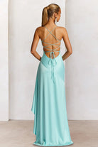 Esoria | Aqua - Spaghetti Straps Sheath Satin High Low Prom Dresses With Ruffles - KissProm