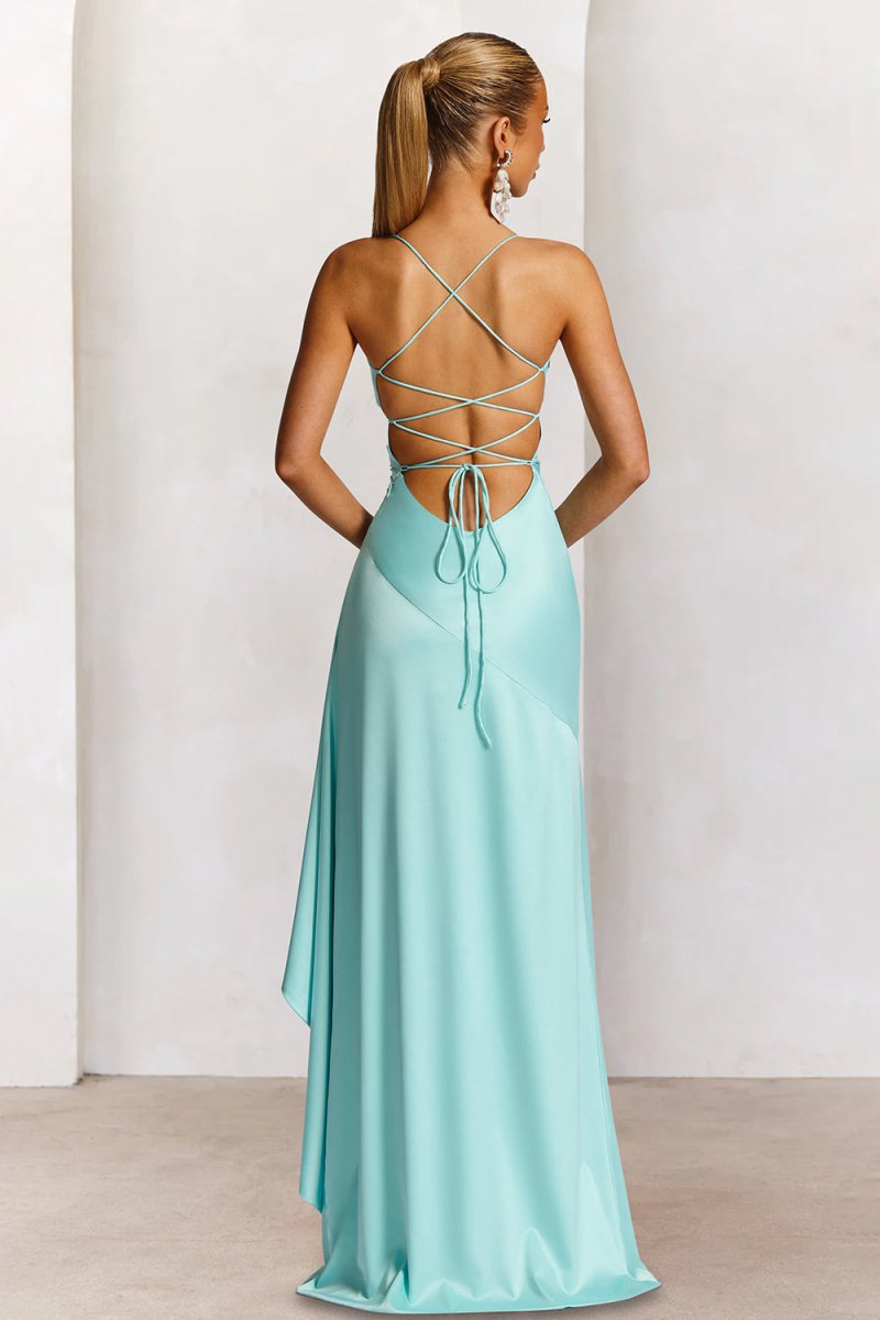 Esoria | Aqua - Spaghetti Straps Sheath Satin High Low Prom Dresses With Ruffles - KissProm