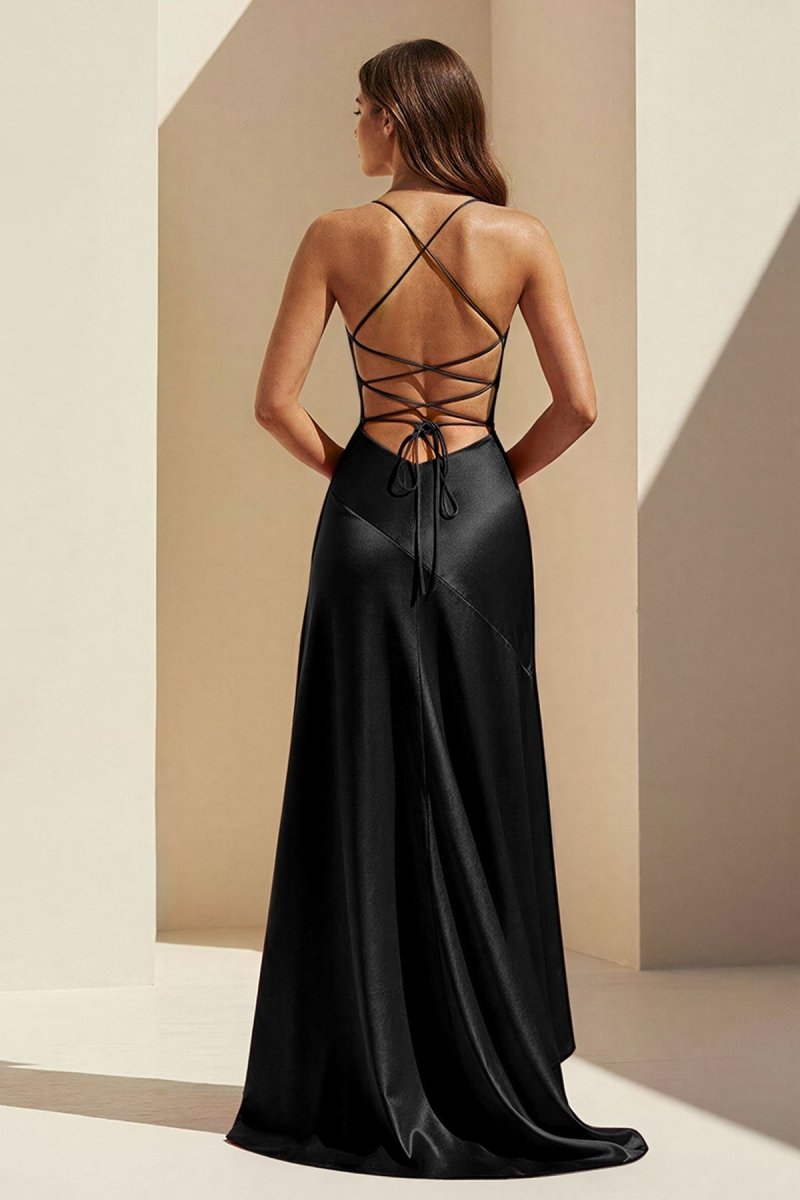 Esoria | Black - Spaghetti Straps Sheath Satin High Low Prom Dresses With Ruffles - KissProm