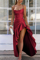 Esoria | Burgundy - Spaghetti Straps Sheath Satin High Low Prom Dresses With Ruffles - KissProm