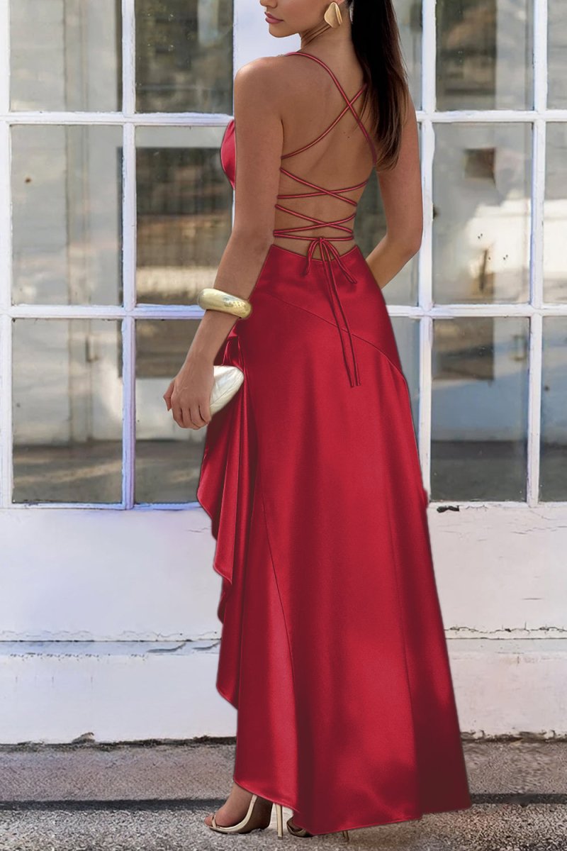 Esoria | Burgundy - Spaghetti Straps Sheath Satin High Low Prom Dresses With Ruffles - KissProm