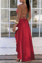 Esoria | Burgundy - Spaghetti Straps Sheath Satin High Low Prom Dresses With Ruffles - KissProm