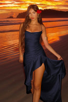 Esoria | Navy Blue - Spaghetti Straps Sheath Satin High Low Prom Dresses With Ruffles - KissProm