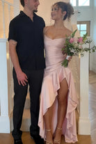 Esoria | Pink - Spaghetti Straps Sheath Satin High Low Prom Dresses With Ruffles - KissProm