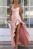 Esoria | Pink - Spaghetti Straps Sheath Satin High Low Prom Dresses With Ruffles - KissProm
