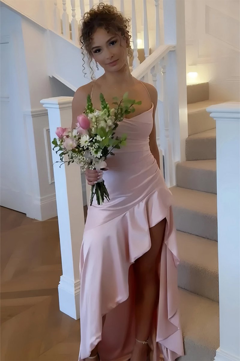 Esoria | Pink - Spaghetti Straps Sheath Satin High Low Prom Dresses With Ruffles - KissProm