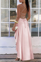 Esoria | Pink - Spaghetti Straps Sheath Satin High Low Prom Dresses With Ruffles - KissProm