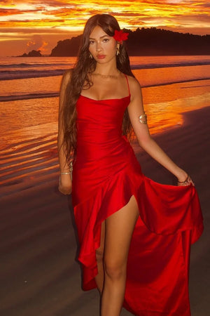 Esoria | Red - Spaghetti Straps Sheath Satin High Low Prom Dresses With Ruffles - KissProm