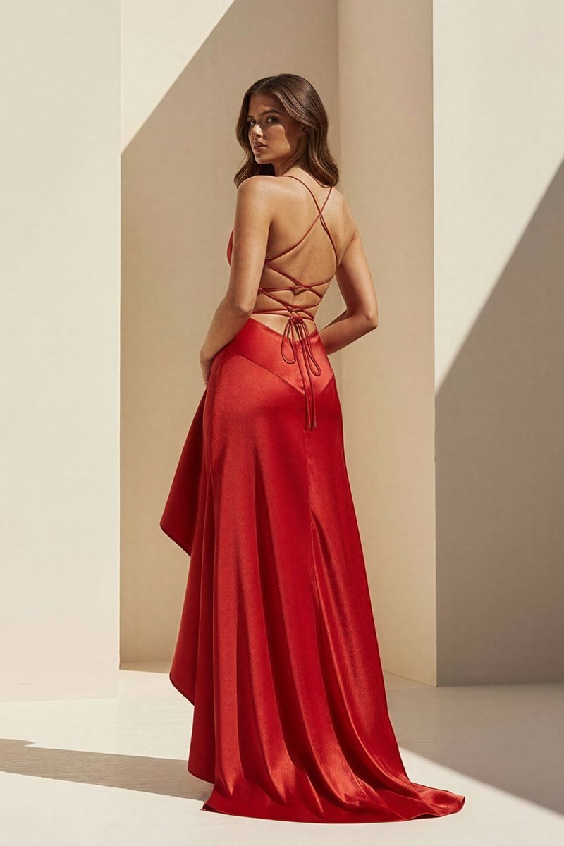 Esoria | Red - Spaghetti Straps Sheath Satin High Low Prom Dresses With Ruffles - KissProm