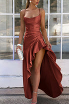 Esoria | Rust - Spaghetti Straps Sheath Satin High Low Prom Dresses With Ruffles - KissProm