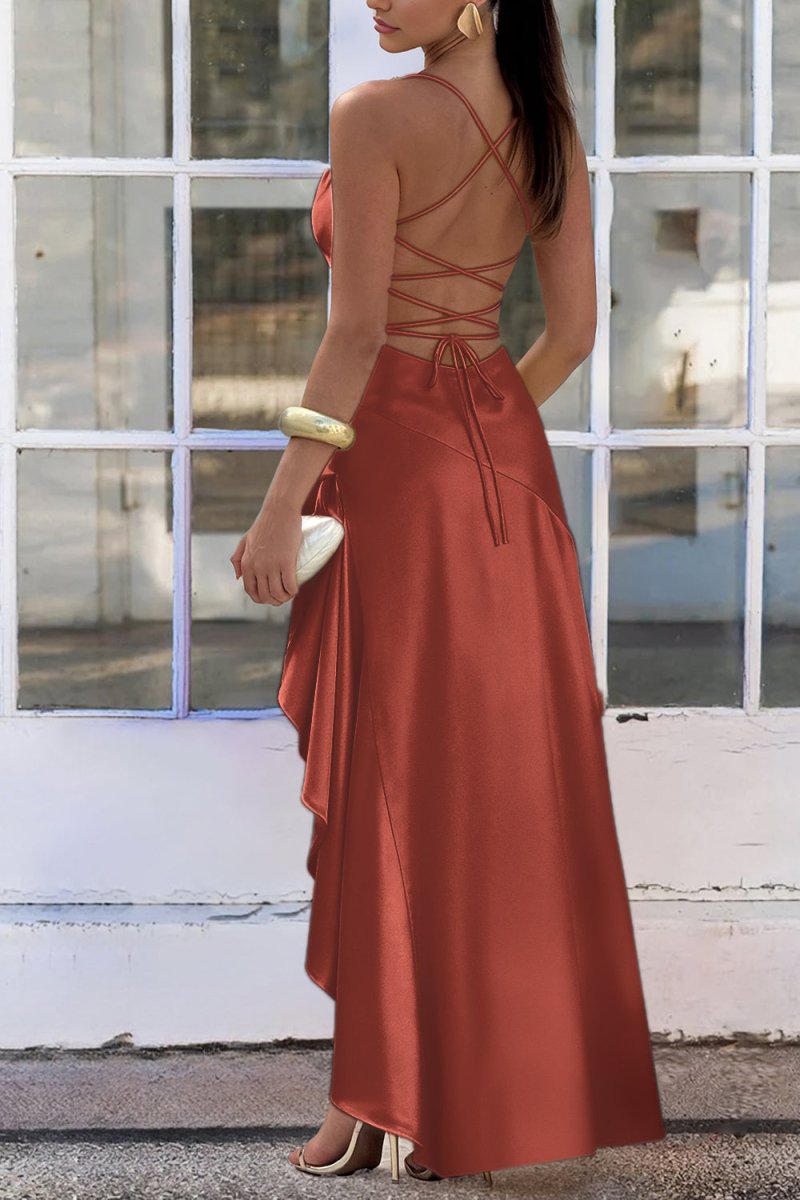 Esoria | Rust - Spaghetti Straps Sheath Satin High Low Prom Dresses With Ruffles - KissProm