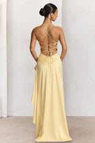 Esoria | Yellow - Spaghetti Straps Sheath Satin High Low Prom Dresses With Ruffles - KissProm