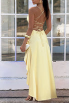 Esoria | Yellow - Spaghetti Straps Sheath Satin High Low Prom Dresses With Ruffles - KissProm