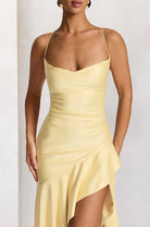 Esoria | Yellow - Spaghetti Straps Sheath Satin High Low Prom Dresses With Ruffles - KissProm