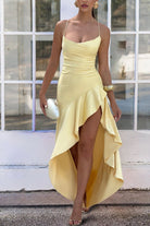 Esoria | Yellow - Spaghetti Straps Sheath Satin High Low Prom Dresses With Ruffles - KissProm