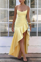 Esoria | Yellow - Spaghetti Straps Sheath Satin High Low Prom Dresses With Ruffles - KissProm