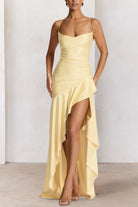 Esoria | Yellow - Spaghetti Straps Sheath Satin High Low Prom Dresses With Ruffles - KissProm