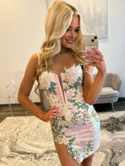 Espera | Pink - Sheath V Neck Sequined Flower Appliques Homecoming Dresses