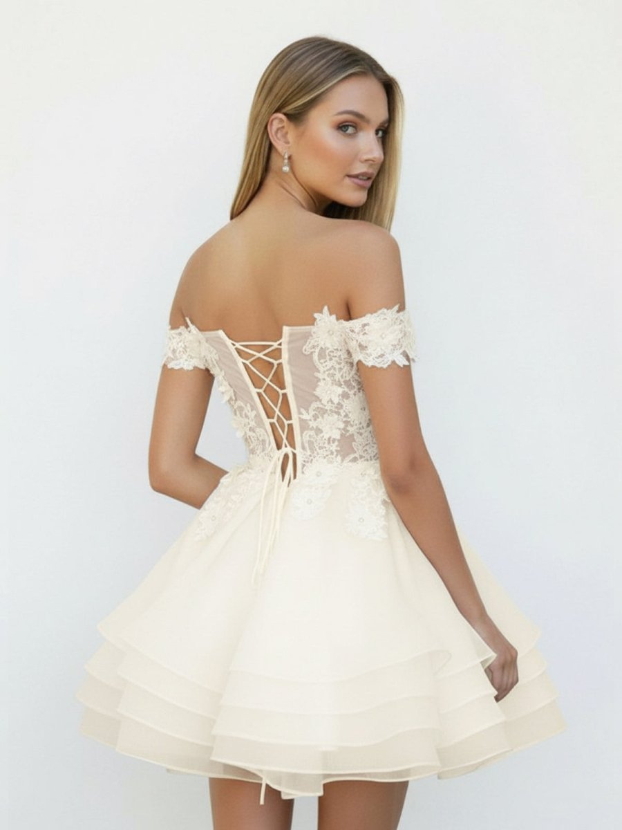 Estaline | A - Line Lace Organza Appliqued Off - the Shoulder Prom Dress - KissProm